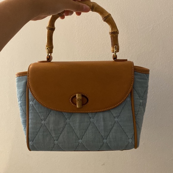 J.McLaughlin blue and tan handbag with bamboo handle and striped interior - Picture 3 of 7